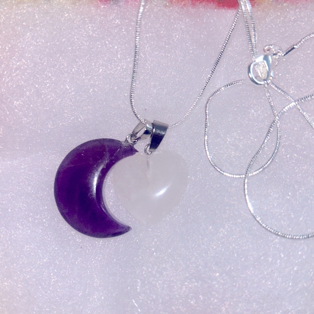 Boho hippie Amethyst Moon and Quartz Crystal heart Sterling Sil…